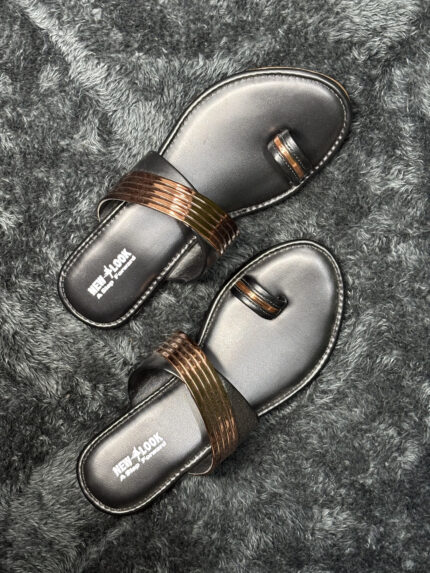 Black and Bronze Toe-Ring Flats for Women – Stylish and Comfortable Footwear
