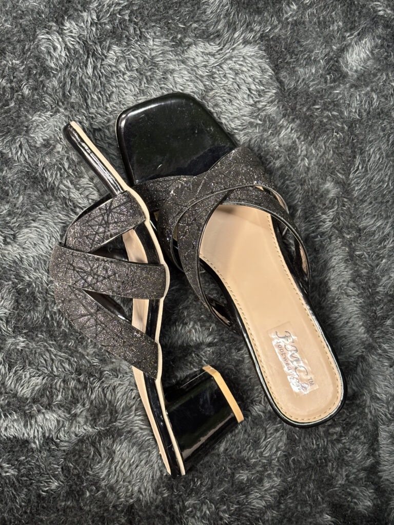 Black Glitter Block Heel Sandals for Women with Sparkling Glitter Straps and Glossy Block Heel. Perfect for Weddings and Parties.