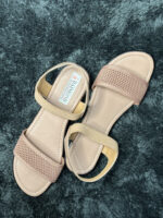 Beige and Golden Flat Sandals for Women with shimmering golden elastic strap and textured beige band, perfect for casual wear and everyday comfort.