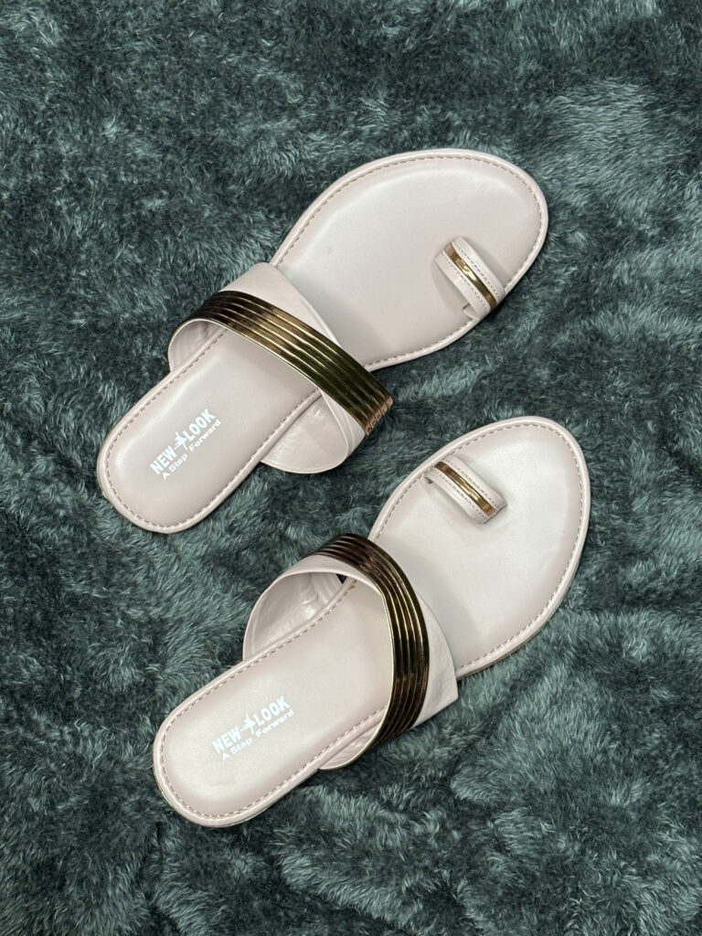 Toe-Ring Slide Sandals with Gold Accents for Women, featuring a cream-toned sole and elegant gold metallic details for a stylish and comfortable look.