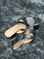 Black Criss-Cross Block Heel Sandals for women with a modern square toe and cushioned insole for comfort. Perfect for any occasion.