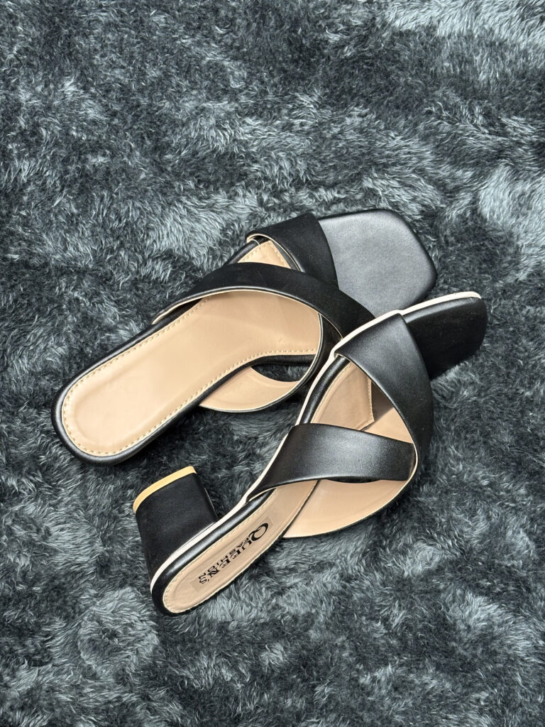 Black Criss-Cross Block Heel Sandals for women with a modern square toe and cushioned insole for comfort. Perfect for any occasion.