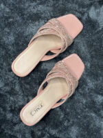 Peach Glitter Cross-Strap Slides for Women with square-toe design and sparkling glitter accents.