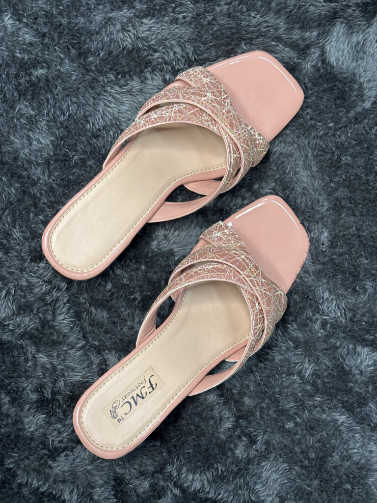 Peach Glitter Cross-Strap Slides for Women with square-toe design and sparkling glitter accents.