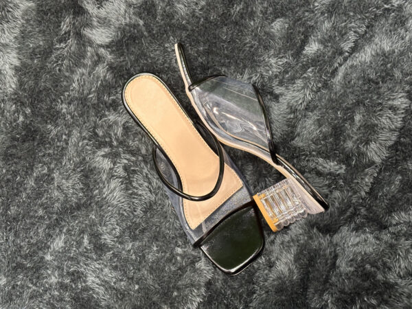Transparent Block Heel Sandals with Black Accents – Sleek, modern design with a transparent strap and sturdy block heel.