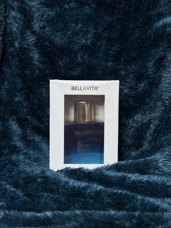 Bella Vita Organic SKAI Aquatic Perfume for Men in a sleek bottle, featuring fresh oceanic notes and a woody finish.