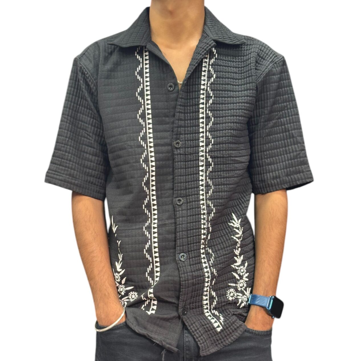 Men's Black Printed Shirt – Stylish Cotton Blend Half-Sleeve Shirt