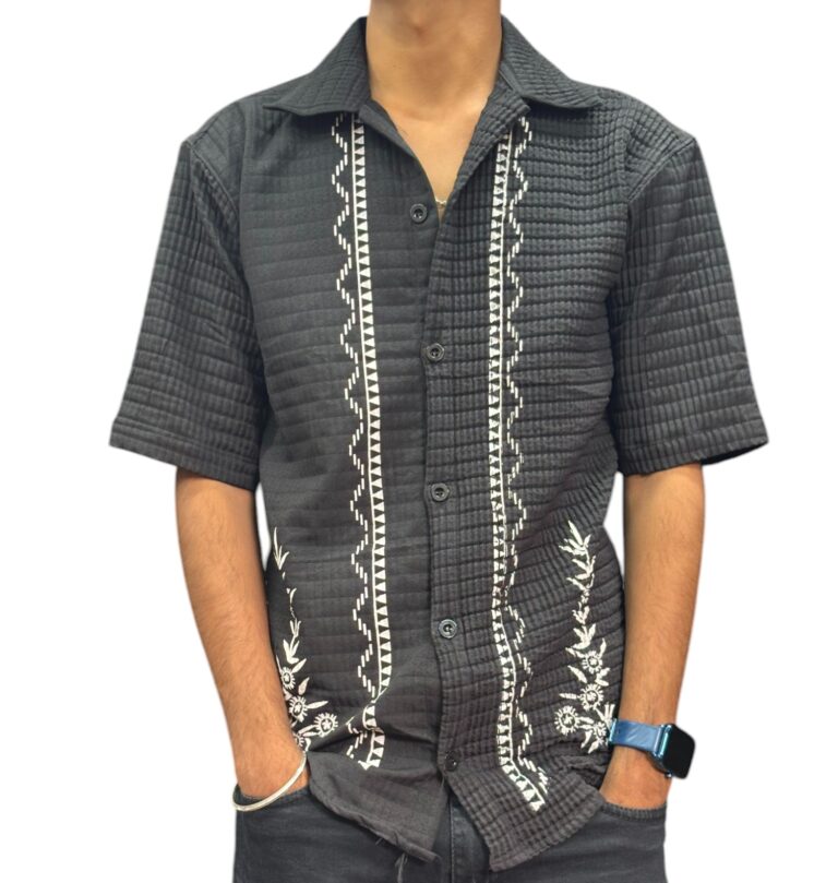Men's Black Printed Shirt – Stylish Cotton Blend Half-Sleeve Shirt