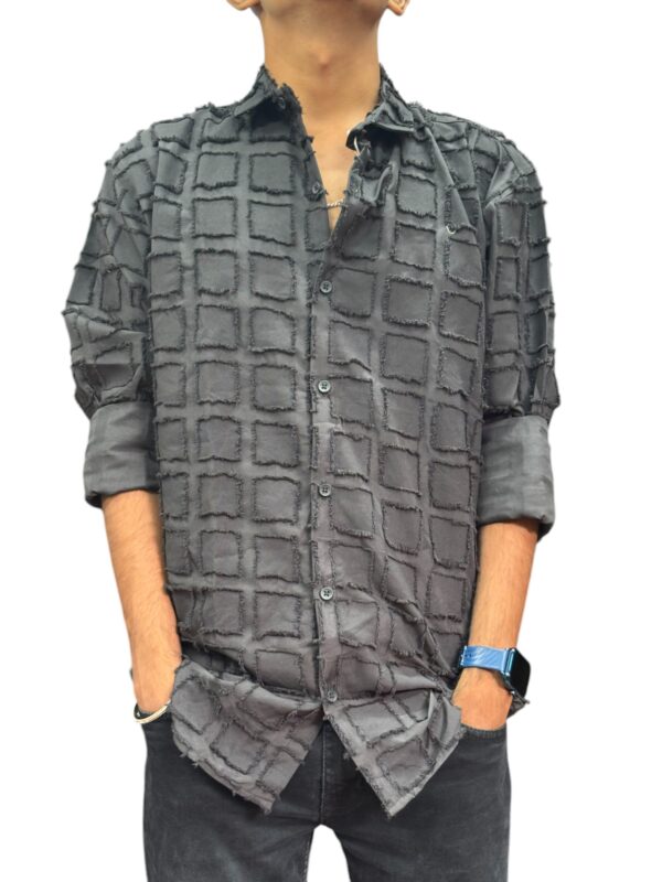 Men's Charcoal Textured Cotton Blend Full-Sleeve Shirt