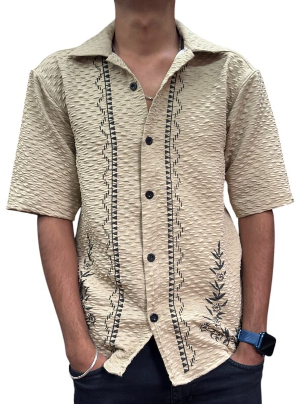 Men’s Beige Textured Short-Sleeve Shirt with Tribal Embroidery
