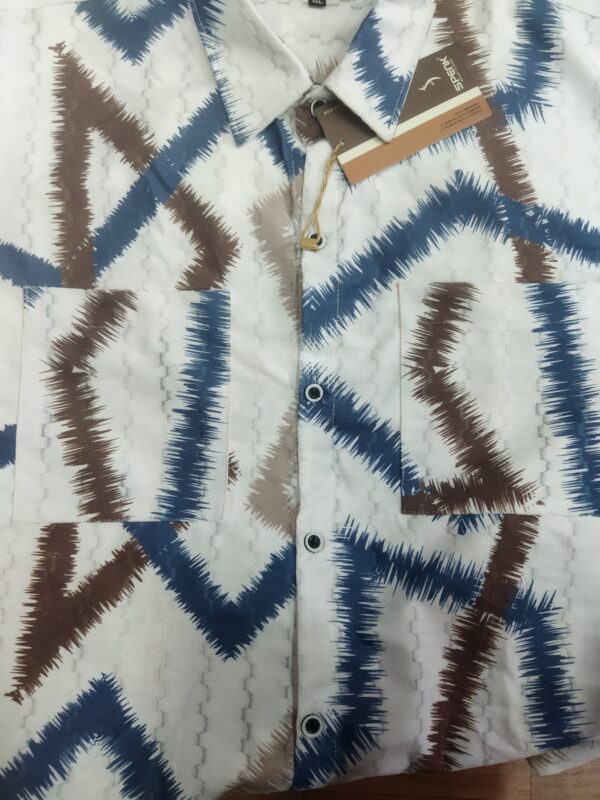 Men's Abstract Zigzag Pattern Casual Shirt - White, Blue & Brown