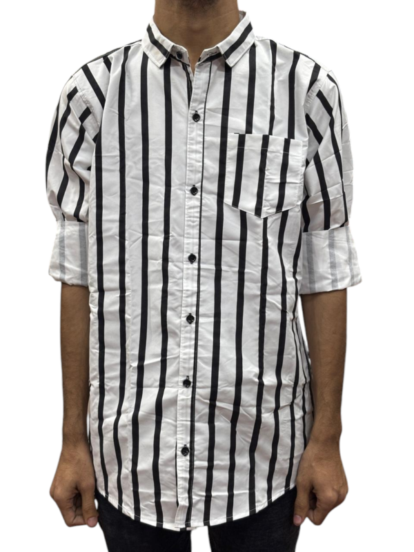 Men’s White Shirt with Black Vertical Stripes – Slim Fit, Mandarin Collar, Full Sleeves