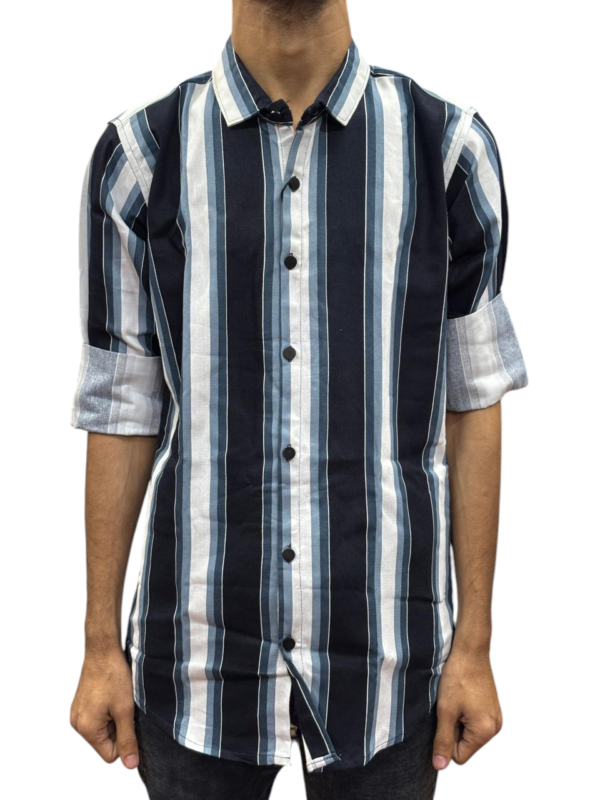 Men’s Blue & White Vertical Striped Shirt – Slim Fit, Full Sleeves