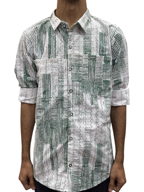 Men’s White Shirt with Green Abstract Block Print – Slim Fit, Full Sleeves