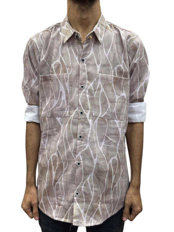 Men’s Brown Abstract Wave Print Shirt – Slim Fit, Double Pocket, Full Sleeves