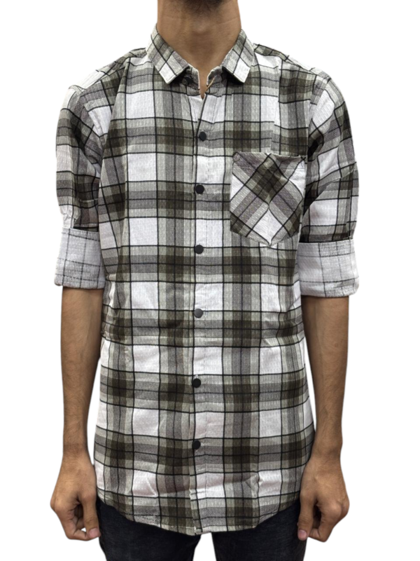 Men’s White & Olive Green Checkered Casual Shirt – Slim Fit, Full Sleeves