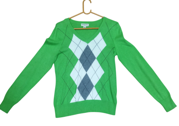 Women’s Green Argyle Knit Sweater with V-Neck | Full Sleeve Winterwear