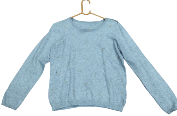 Women’s Light Blue Full Sleeve Winter Sweater with Subtle Embroidery