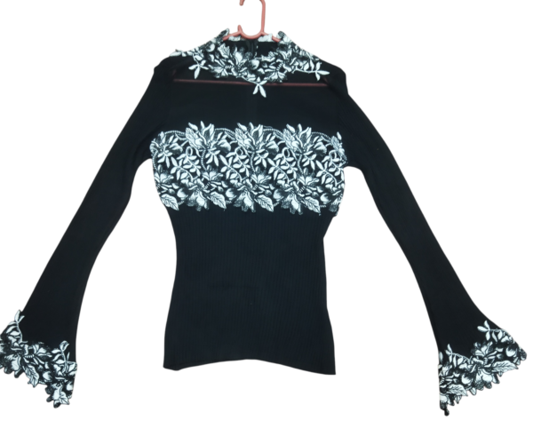 Women's Black Floral Embroidered Full Sleeve Party Top with Bell Sleeves
