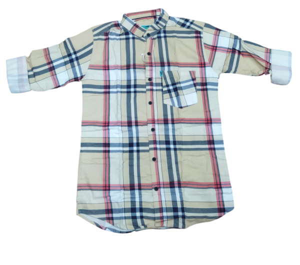 Men’s Beige Checkered Shirt | Casual Cotton Shirt with Red & Navy Plaid