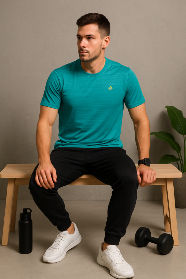 Men’s Teal Blue Activewear Round Neck Dry-Fit T-Shirt